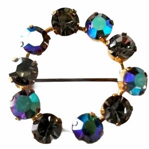 Vintage Gold Tone Round AB Crystal Brooch Pin